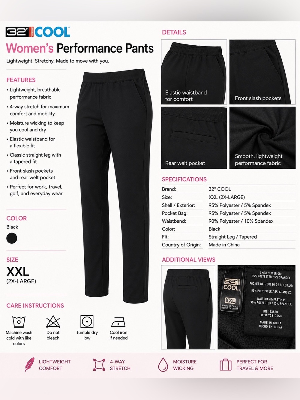 32° COOL Women's Black Performance Track Pants - Lightweight Joggers